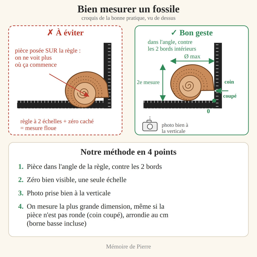 Schéma expliquant comment sont mesurés les fossiles : prise de mesure de l'ammonite